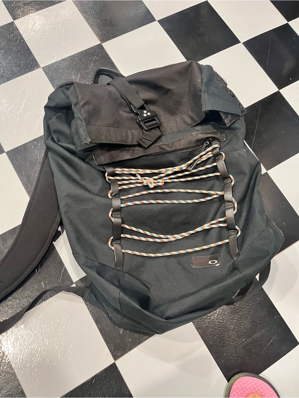 Oakley Black Backpack with Multicolor Bungee Detail